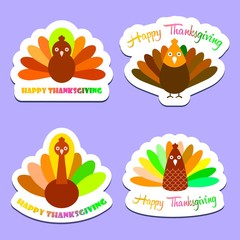 vector illustration with happy thanksgiving colorful lettering and turkey sticker set background