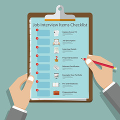  Essential job interview icons in flat design on clipboard. Job interview preparation infographic. Vector Illustration.