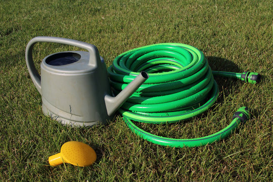Plastic watering pot and a garden hose bundle on the mown lawn in the summer garden