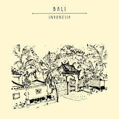 A street in Bali, Indonesia, Southeast Asia. Hand drawing. Travel sketch. Book illustration, postcard or poster