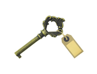 Old key with a tag isolated on white background