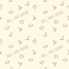 Seamless vector pattern of the coffee mill, blender and meat grinder on the background with the words