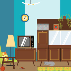 Interior room in the style of the 70s. Vector illustration of a room with furniture in the style of the 70s