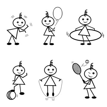 Stick figure positions set vector. Part 1 (claps, keeps a hot air balloon, spin the Hoop
, playing ball, jump rope, play tennis)