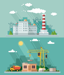 Industrial landscape set. The nuclear power plant and factory, b