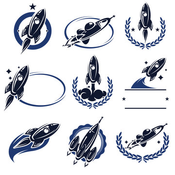 Rockets labels and icons set. Vector