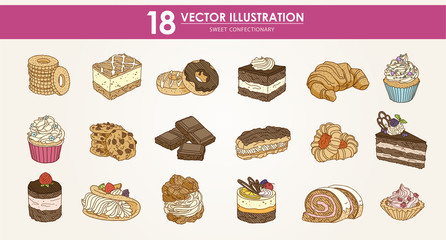 Food - HAND-DRAWN vector illustrations set - Sweet food cakes vol.2