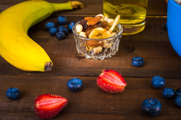 Healthy eating, diet concept - composition of natural, healthy food on a wooden table.