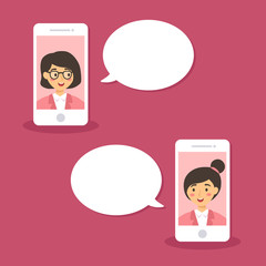 Two women doing conference video call using smart phone and talking to each other with bubble speech vector illustration.