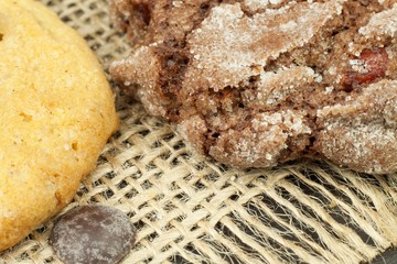 Mixed Cookies on wooden table. Homemade biscuits for breakfast. Food preparation.
