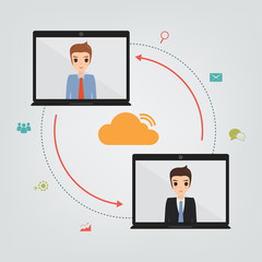 People communication infograhic on cloud network by laptop.