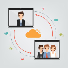 People communication infograhic on cloud network by laptop.