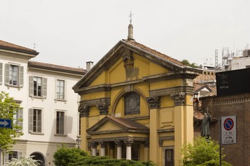 Outdoor view of Santa Maria Podone church in Milan, with its garden