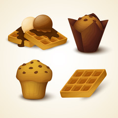 Vector set of cupcakes and waffles