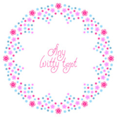 Cute background pattern border frame with many repeating different sized flowers isolated on the white fond. With space for invitations or different events greeting cards text. Vector illustration
