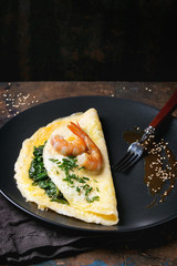 Omelet with spinach and shrimps