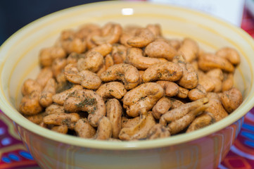 Appetizer bowl of cilantro lime cashews as a party snack. 