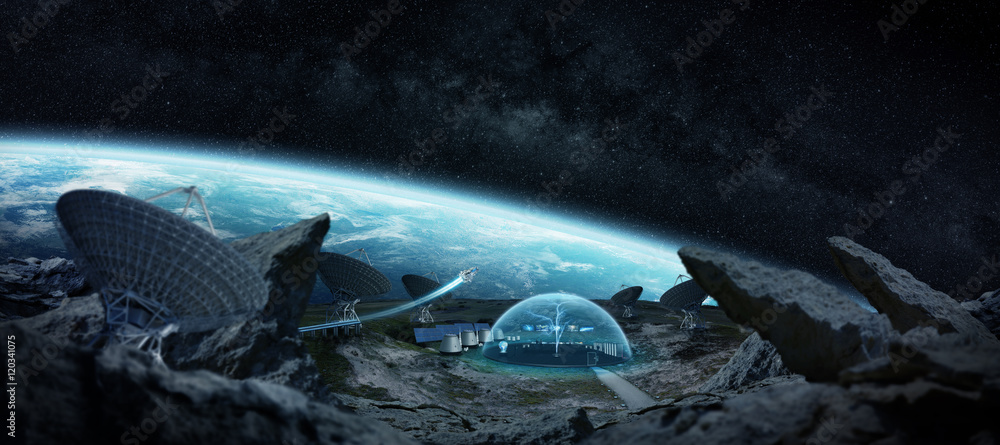 Poster observatory station in space 3d rendering elements of this image