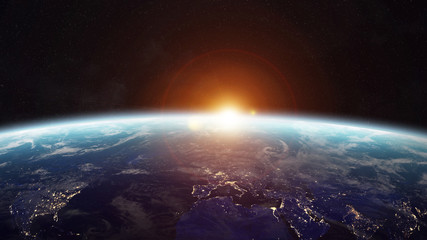 Sunrise over planet Earth in space 3D rendering elements of this - obrazy, fototapety, plakaty