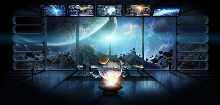 Fototapeta Group of scientists observing the solar system 3D rendering elem