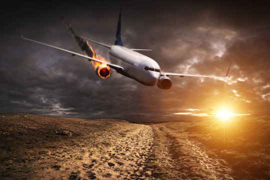 Plane with engine on fire about to crash