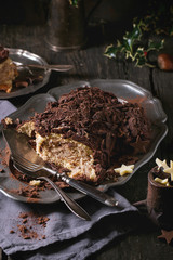 Sliced christmas chocolate yule log