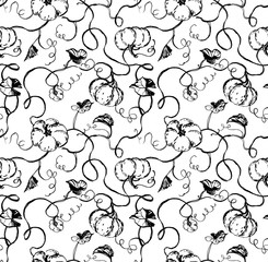 Doodle pumpkins, leaves and vines on white background. Hand-painted seamless pattern for fabric