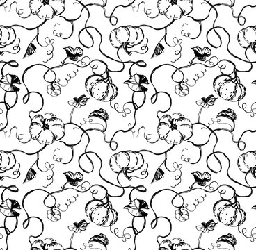 Doodle pumpkins, leaves and vines on white background. Hand-painted seamless pattern for fabric
