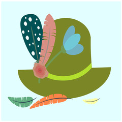 Octoberfest symbol . Colorful vector illustration. Tyrolean hat with feather and meadow flower. Traditional German Clothing.