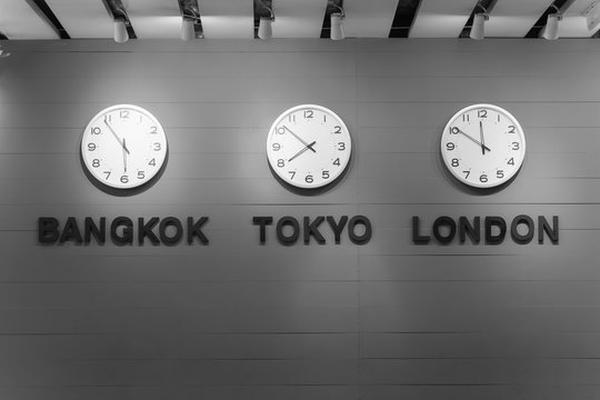 Three Difference Time Zone Wall Clocks, Background Concept.