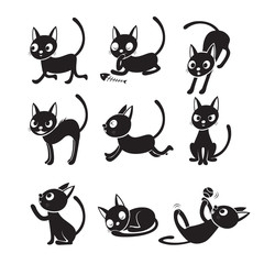 Set Of Cat Cartoon With Different Actions, Monochrome, Halloween, Trick or Treat, Animal, Mystery, Holiday, October, Actions, Season