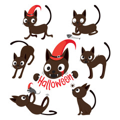 Fototapeta premium Zestaw kreskówek kota z różnymi akcjami, Halloween, Cukierek albo psikus, zwierzę, tajemnica, wakacje, październik, akcje, sezon
