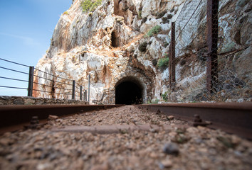 Old mine railway and tunnel Galleria Henry in the Planu Sartu mine near the mining village of...