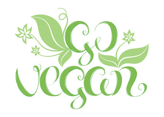Vector illustration with hand lettering "Go vegan". It can be used for poster, card, t-shirt design. Vegan hand drawn qoute.