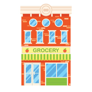 Vector illustration of retro building with grocery shop. Facade of a retro house in flat style. Three storey town building with grocery. 