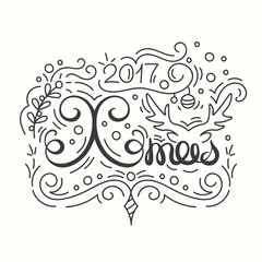 Xmas 2017 Card. Winter Holiday Typography. Handdrawn Lettering. Poster With Line Art Christmas Elements.