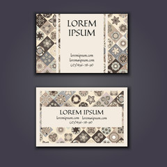 Vector Business card Design Template with Ornamental geometric mandala pattern. Vintage decorative elements. Hand drawn tile background.