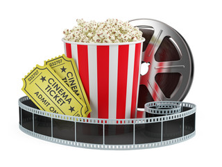 Cinema concept: Film reel, popcorn, cinema tickets isolated white background, 3d render - obrazy, fototapety, plakaty
