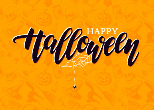 Happy Halloween vector lettering with detailed engraving backgro