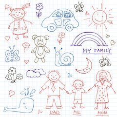 Kids Drawings doodle set. Vintage illustration for identity