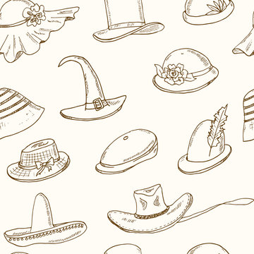 Doodle seamless pattern with different head wears on