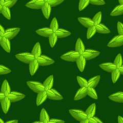 Mint leaves on a green background. Seamless pattern. Vector illustration.