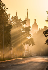 Fototapeta Street along Blonia meadow in Krakow, Poland, with St Mary's church and Town Hall towers in the background, foggy morning obraz