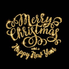 Merry Christmas gold glittering hand lettering inscription