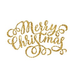 Merry Christmas gold glittering hand lettering inscription
