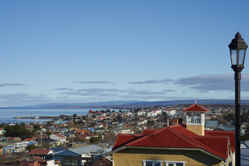 Colourful rooftops of Punta Arenas in southern Chile overlooking the Strait of Magellan.