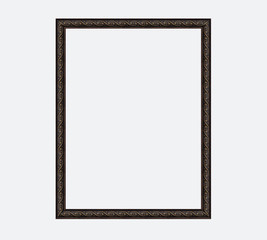 Vintage dark brown picture frame with gilding on white background.