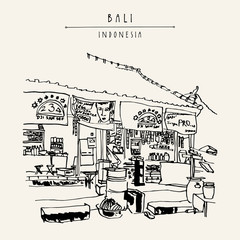 A local store in Kedonganan, Jimbaran beach, Bali, Indonesia, Asia. Beach view. Hand drawing. Travel sketch. Book illustration, postcard or poster template