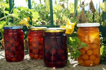 Four jars with plum compote of various colors