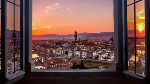 florence skyline seen from an open window aerial day to night timelapse at the sunset to night city lighting up  panorama from piazzale michelangelo 4k